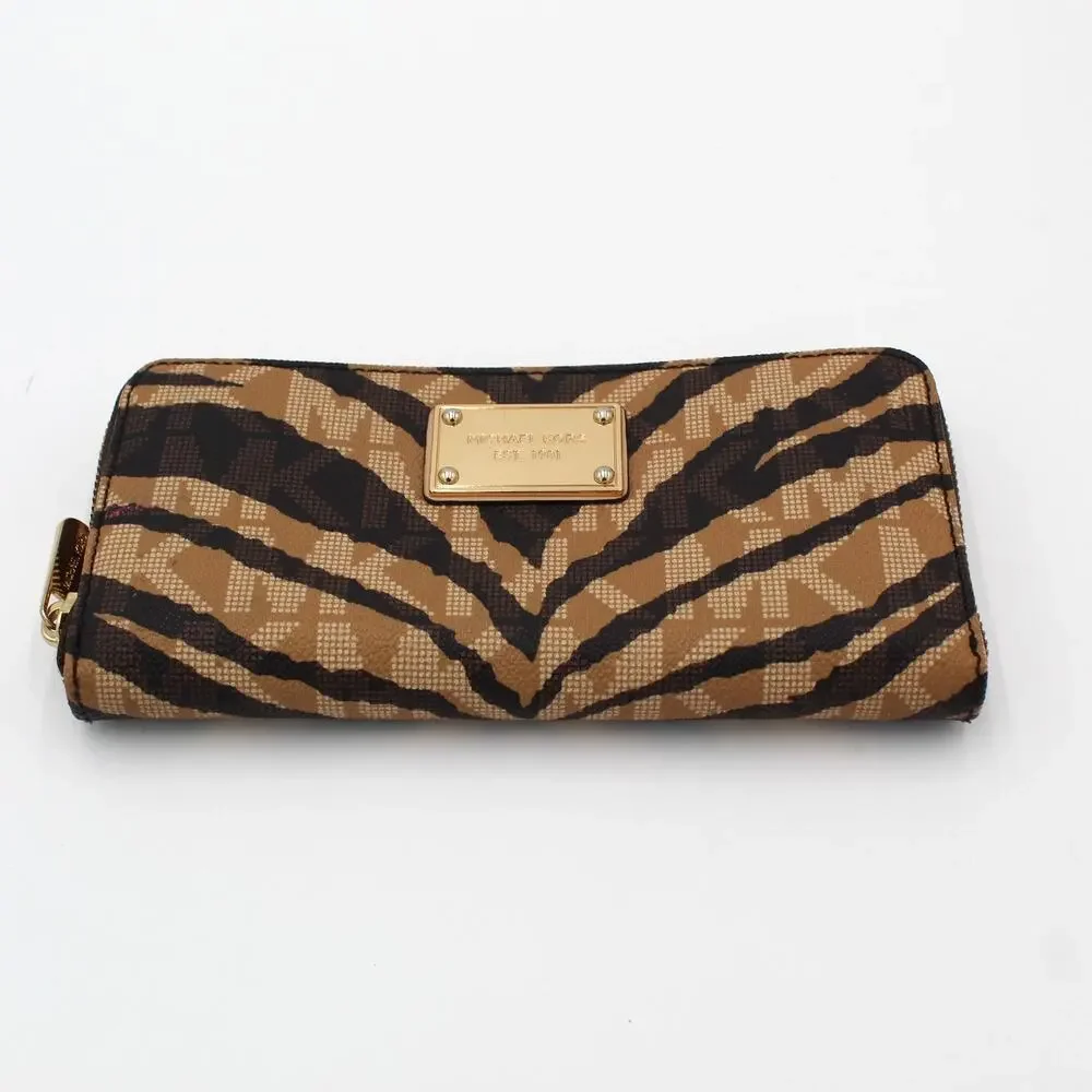 Michael Kors Jet Set Zip Around Continental Wallet Brown Zebra Animal Print
